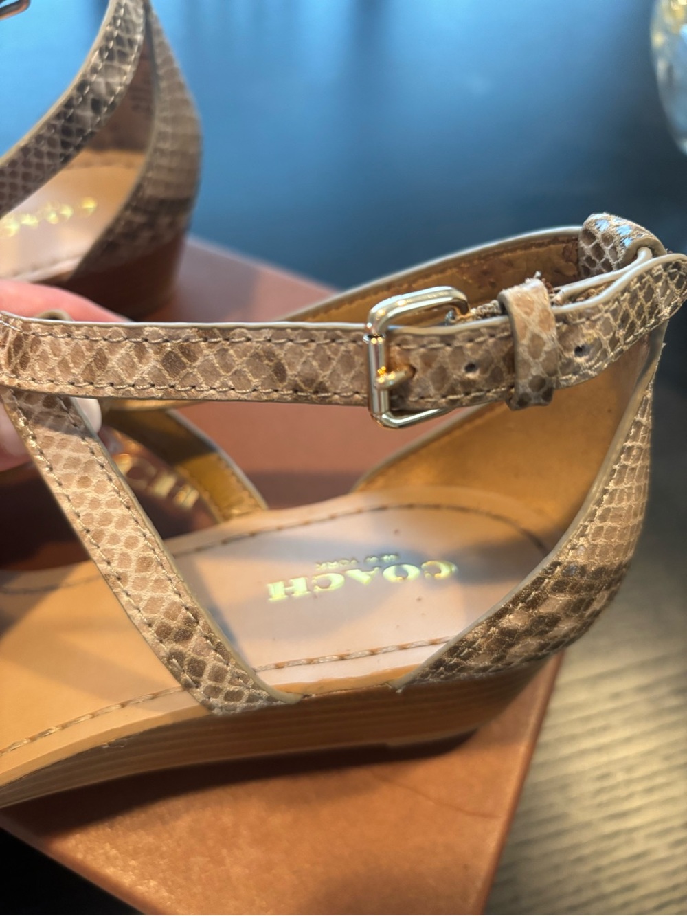 Coach Ingrid Tan Snakeskin-Print Thong Wedge Sandals with Gold Turnlock - Picture 9 of 9